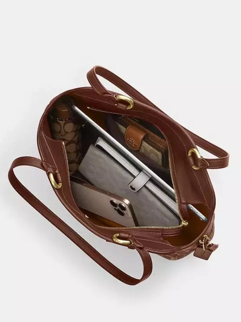 Coach Easton Tote Bag in Signature Chenille & Smooth Leather Khaki/Brown NWT